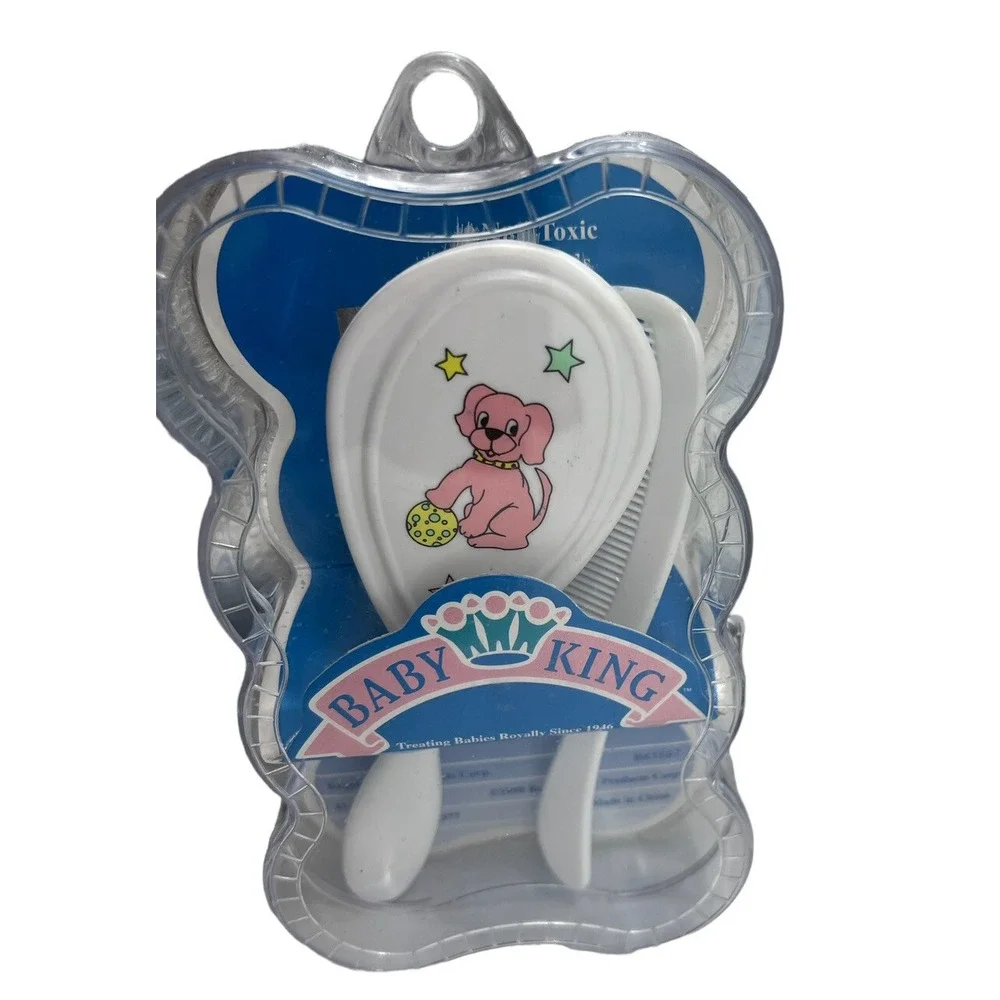 Vintage Baby Care Comb & Brush Set Puppy Dog White Baby King Gift Set